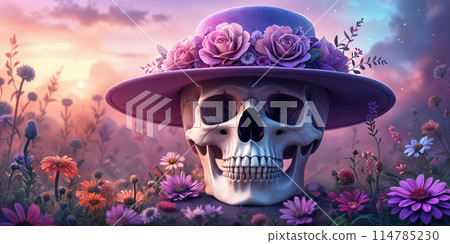 A skull with a purple hat and flowers on it, surrounded by colorful flowers. A skull with a purple hat and flowers on it, surrounded by colorful flowers. 114785230