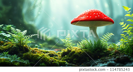 Red mushroom with white stem in forest. 114785243