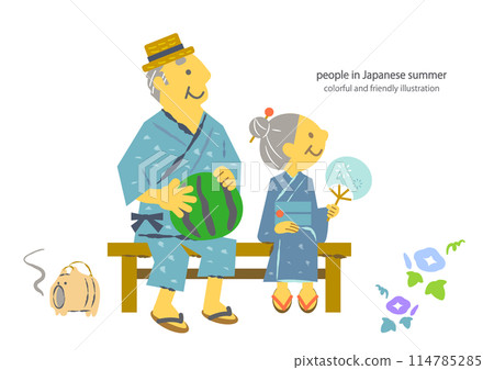 一對老夫婦在陽台上享受涼爽的晚風 — 色彩繽紛、可愛的插圖，沒有主線 114785285