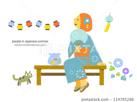 一個穿著浴衣享受涼爽晚風的女人，一幅色彩繽紛、有趣的沒有主線的插圖 114785286