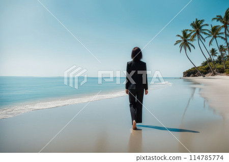 A beautiful tropical beach and the silhouette of a business person A beautiful tropical beach and the silhouette of a business person 114785774