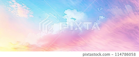 The painting showcases a sunset sky filled with colorful clouds 114786058