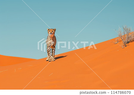 A cheetah is standing on an orange sand dune in the desert 114786070