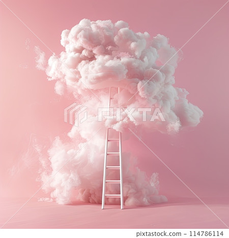 A wooden ladder reaching toward a cloud on a pink backdrop 114786114