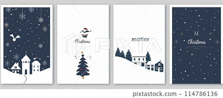 Santa flies through electric blue sky over city buildings at night 114786136