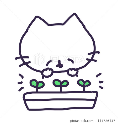 Illustration of a cute white colored kitten with sprouted buds in a planter 114786137