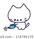 An illustration of a cute white kitten holding a watering can and watering plants 114786139