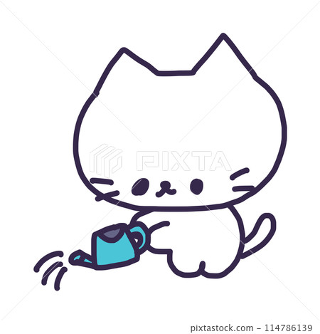 An illustration of a cute white kitten holding a watering can and watering plants 114786139