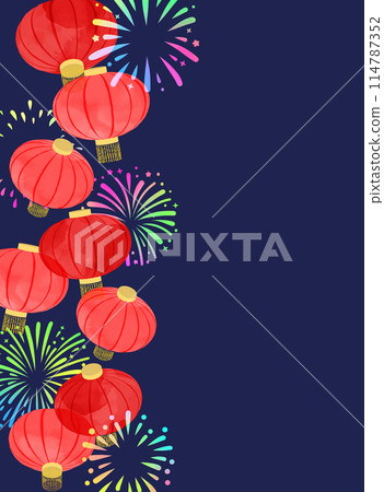Vertical Chinese lanterns and fireworks background illustration Vertical Chinese lanterns and fireworks background illustration 114787352