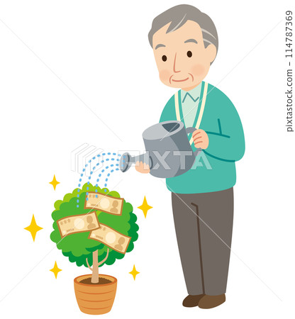 Elderly man watering a money tree, asset management, retirement funds 114787369