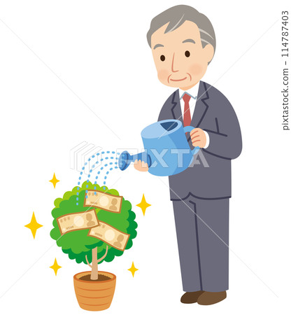 Elderly man watering a money tree, asset management, retirement funds 114787403