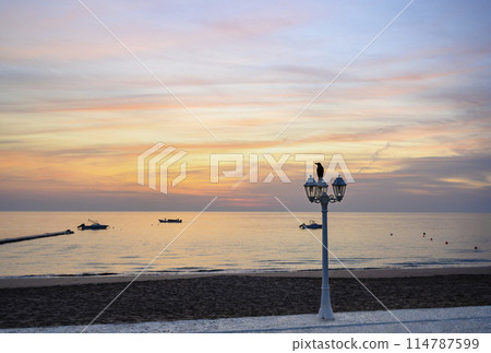 Lantern with a crow at sunset on the coast of the Gulf of Oman on the Arabian Peninsula 114787599