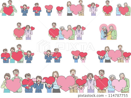 People illustrations_Smiling people holding hearts_Set People illustrations_Smiling people holding hearts_Set 114787755