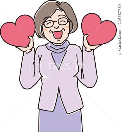 People illustration_Smiling people holding hearts_Smiling middle-aged woman holding hearts in both hands_Woman in her 50s 114787780