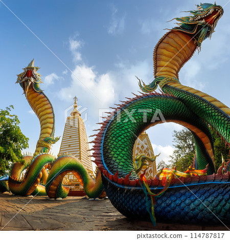 dragon statue on the wall, Wat Phra That Nong Bua, Ubon Ratchathani Province, Thailand 114787817