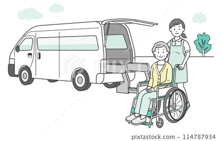 圖：一名老年婦女、一名護理人員和一輛福利車被送往護理機構或從護理機構送出 114787934