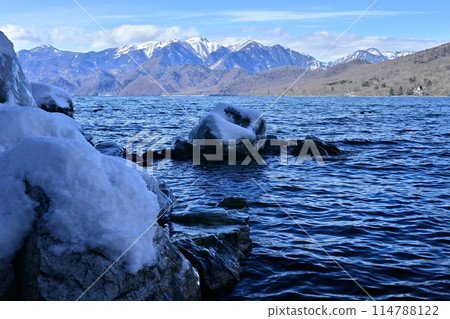 Spray ice at Utagahama Beach on the east shore of Lake Chuzenji and Mount Nikko Shirane Spray ice at Utagahama Beach on the east shore of Lake Chuzenji and Mount Nikko Shirane 114788122
