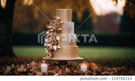 Wedding cake design, autumnal dessert styling and holiday decoration, multi-tier cake for an autumn event venue, food catering service and elegant country decor, cottage style inspiration 114788314