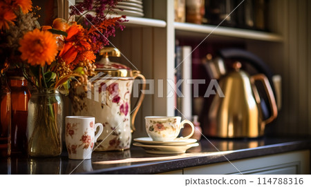 Autumnal kitchen decor, interior design and house decoration, classic English kitchen decorated for autumn season in a country house, elegant cottage style idea 114788316