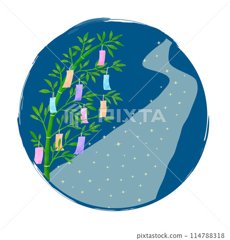 Illustration of a Tanabata bamboo decoration and a round frame of the Milky Way 114788318