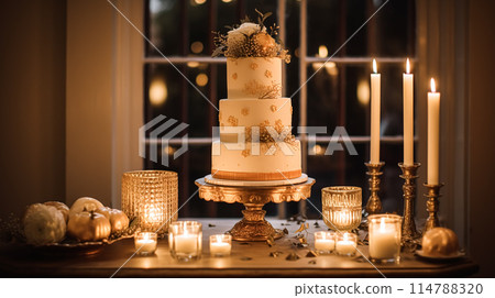 Wedding cake design, autumnal dessert styling and holiday decoration, multi-tier cake for an autumn event venue, food catering service and elegant country decor, cottage style inspiration 114788320