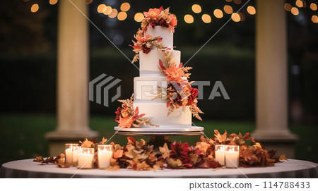 Wedding cake design, autumnal dessert styling and holiday decoration, multi-tier cake for an autumn event venue, food catering service and elegant country decor, cottage style inspiration 114788433