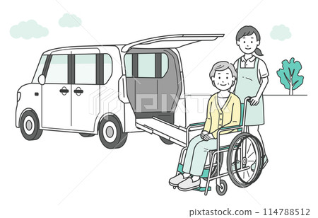圖：一名老年婦女、一名護理人員和一輛福利車被送往護理機構或從護理機構送出 114788512