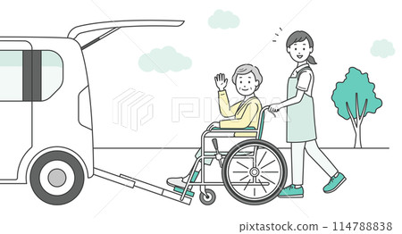 Illustration of an elderly woman, a caregiver, and a welfare vehicle being transported to a nursing facility Illustration of an elderly woman, a caregiver, and a welfare vehicle being transported to a nursing facility 114788838