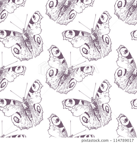 Butterfly sketch seamless pattern, pastel violet monochrome vector background for scrapbook, textile, wallpaper 114789017