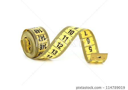 Yellow measuring tape, spirals gracefully, isolated on white Yellow measuring tape, spirals gracefully, isolated on white 114789019