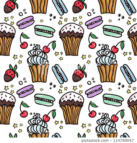 Sweet cake seamless pattern with desserts . Macaroon, muffin, pudding, cake with cherry and strawberry fruit. Hand drawn vector illustration for surface design, textile, fabric, scrapbook or wallpaper 114789047