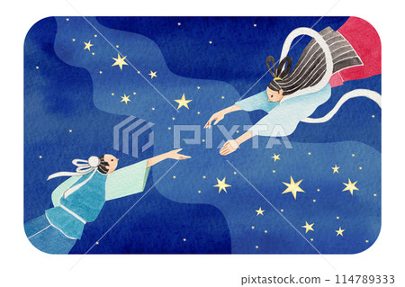 日本民間故事七夕水彩插圖 日本民間故事七夕水彩插圖 114789333