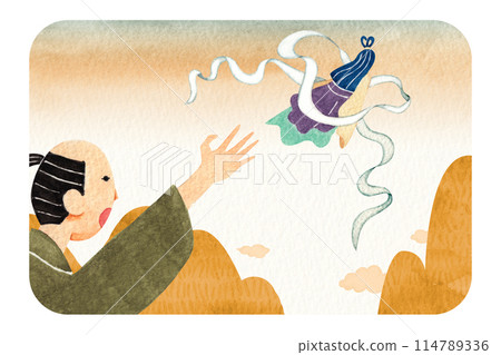 Japanese folk tale: Heavenly Feather Robe watercolor illustration 114789336