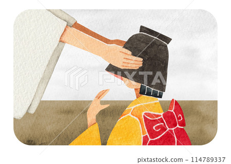 Japanese folk tale: The Hachikazuki watercolor illustration 114789337