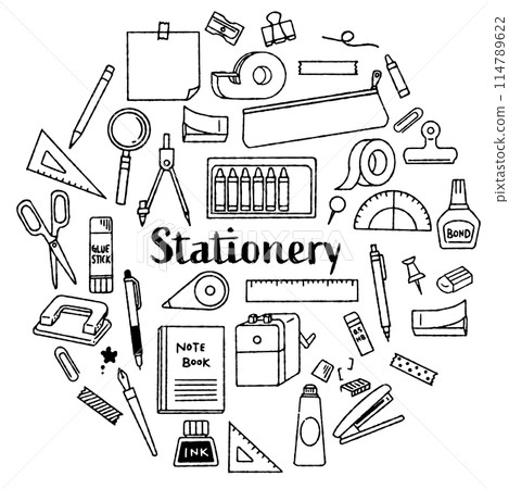 Hand-drawn cute stationery illustration set (monochrome) Hand-drawn cute stationery illustration set (monochrome) 114789622