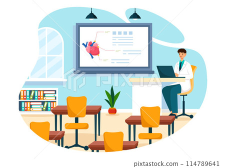 Medical School Vector Illustration with Students Listening to a Lecture and Learning Science in a Classroom in a Flat Cartoon Style Background Medical School Vector Illustration with Students Listening to a Lecture and Learning Science in a Classroom in a Flat Cartoon Style Background 114789641