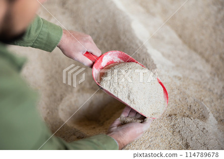 Farmer holding bunch of corn flour 114789678