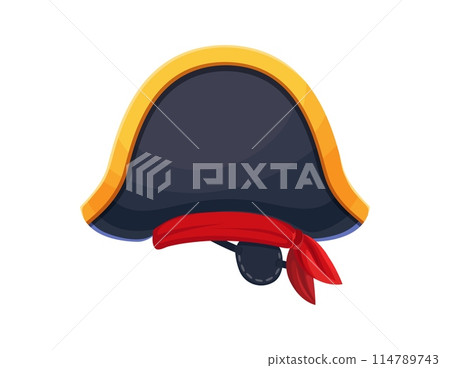Pirate and corsair sailor captain tricorn cartoon carnival costume hat. Privateer tricorn headwear, pirate sailor clothing accessory or caribbean buccaneer classic vector costume with skull and bones Pirate and corsair sailor captain tricorn cartoon carnival costume hat. Privateer tricorn headwear, pirate sailor clothing accessory or caribbean buccaneer classic vector costume with skull and bones 114789743