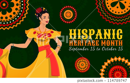 Ornament patterns and dancing woman of national Hispanic heritage month holiday, vector banner. Latin America traditional Hispanic heritage month of ethnic culture, traditions and handicraft art Ornament patterns and dancing woman of national Hispanic heritage month holiday, vector banner. Latin America traditional Hispanic heritage month of ethnic culture, traditions and handicraft art 114789747