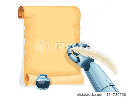 Robot writes, machine learning and AI artificial intelligence futuristic technology, cartoon vector. Robot hand with ink quill feather writing on ancient manuscript paper scroll for machine learning 114789768
