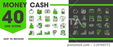 Money cash line icons of finance, banking and payment or savings, vector pictograms. Dollar money cash banknotes and coins icons of wallet, piggy bank and money tree for financial investment or salary 114789771