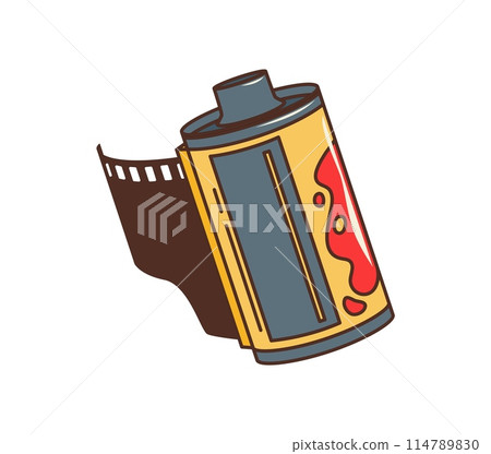 Retro groovy filmstrip reel of photo camera for 70s hippie symbol, cartoon vector. Groovy photograph film strip in reel, comic retro color art element for hippie or hipster style t-shirt print 114789830