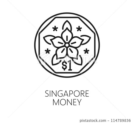 Singapore travel and vacation icon of money coin cent, vector symbol. Singapore dollar coin currency, Southeast Asia city icon for travel landmark, tourist sightseeing, financial history and culture 114789836