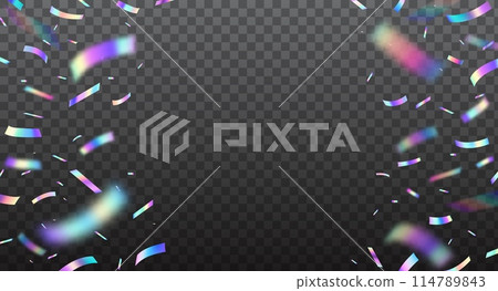 Holographic confetti, rainbow glitter silver foil with neon hologram light effect, vector transparent background. Holographic confetti explosion frame of iridescent metal paper with neon shine glare 114789843
