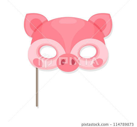 Carnival pig mask for birthday party masquerade or festival costume, vector animal face. Cartoon funny piglet muzzle mask on stick for kids birthday party or carnival props of happy zoo animal costume Carnival pig mask for birthday party masquerade or festival costume, vector animal face. Cartoon funny piglet muzzle mask on stick for kids birthday party or carnival props of happy zoo animal costume 114789873