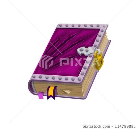 Game book, isolated cartoon vector ornate, mystical grimoire with a vibrant purple cover with talon rips, secured with a silver lock and detailed with metallic studs, book with secrets or magic spells Game book, isolated cartoon vector ornate, mystical grimoire with a vibrant purple cover with talon rips, secured with a silver lock and detailed with metallic studs, book with secrets or magic spells 114789883