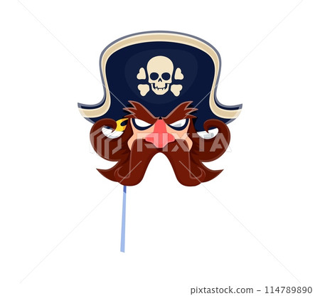 Pirate carnival photo booth mask. Isolated cartoon vector whimsical corsair face on stick, playful mask, features a scowling expression, large mustache, red nose, and a cocked hat with a skull emblem 114789890