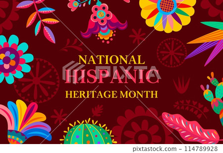 National hispanic heritage month festival banner with tropical flowers decorations vector frame. Latino arts carnival flyer on bright color background with floral pattern and huichol ornament borders National hispanic heritage month festival banner with tropical flowers decorations vector frame. Latino arts carnival flyer on bright color background with floral pattern and huichol ornament borders 114789928