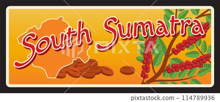 South Sumatra Indonesian province territory. Vector travel plate, vintage tin sign, retro welcome postcard or signboard. Indonesian souvenir plaque with coffee beans and plantation 114789936