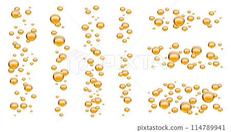 Yellow liquid oil bubbles of collagen and cosmetic serum droplets, realistic vector. Golden oil drop bubbles of collagen or olive and sunflower oil, sweet honey and gold essence floating droplets Yellow liquid oil bubbles of collagen and cosmetic serum droplets, realistic vector. Golden oil drop bubbles of collagen or olive and sunflower oil, sweet honey and gold essence floating droplets 114789941